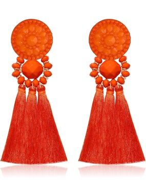 Boho Orange Tassel Statement Earrings | Summer Fringe Dangles